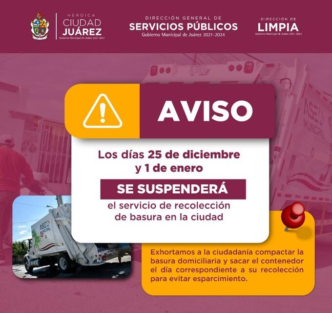 Servicio de recolección de basura será suspendido el 1 de enero