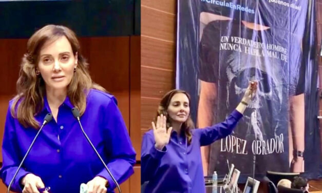 Lleva Senadora un rosario al Senado y cuelgan manta con ‘Meme’ de la Muerte