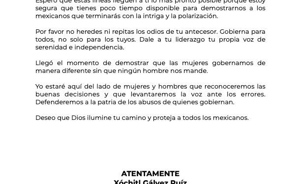 Dedica Xochitl Gálvez mensaje a Sheinbaum