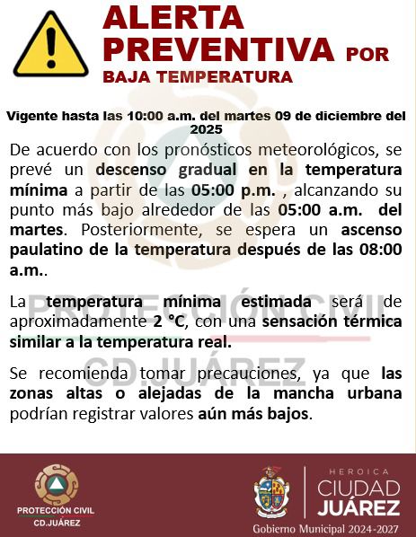 Emite Protección Civil alerta preventiva por bajas temperaturas en Ciudad Juárez