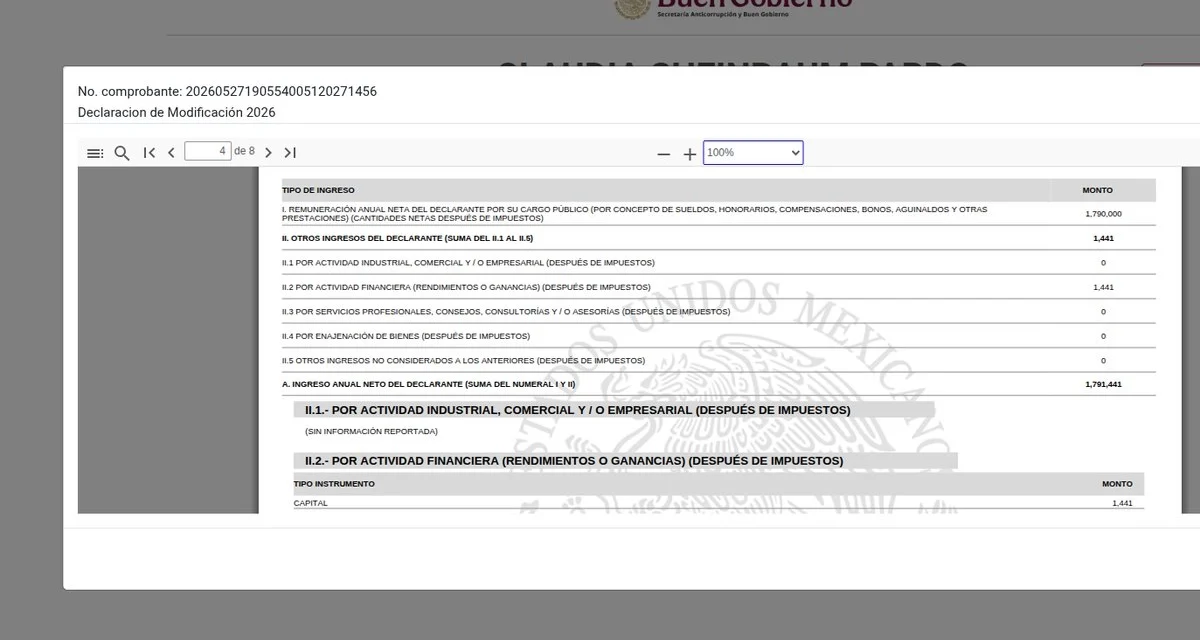 Sheinbaum presenta declaración patrimonial 2026; reporta ingresos por 1.79 millones de pesos