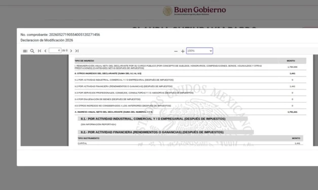 Sheinbaum presenta declaración patrimonial 2026; reporta ingresos por 1.79 millones de pesos