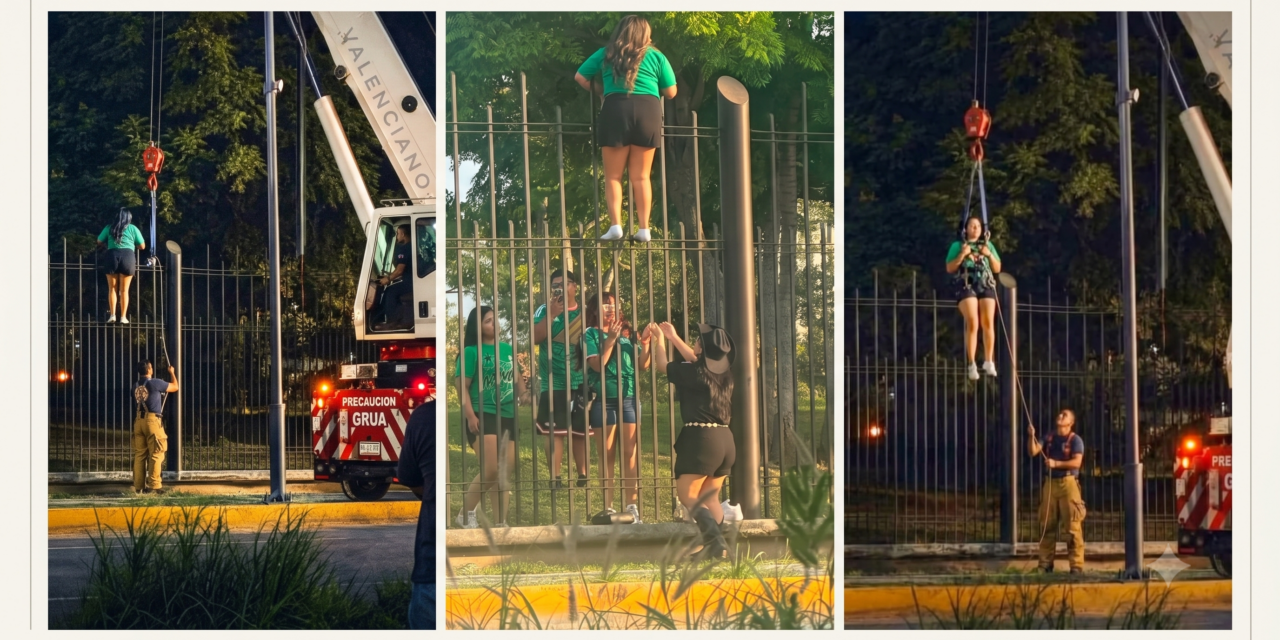 ¡Quedó colgando de una reja! Mujer intenta entrar al Fan Fest y termina siendo rescatada con una grúa