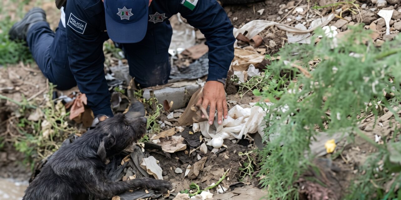 Policías se meten a la corriente y rescatan a perrito que era arrastrado por el agua